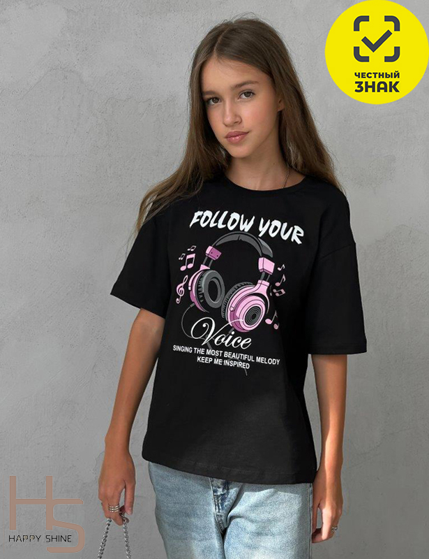 6009HW-22K Футболка для девочки (Черный (128)-64)