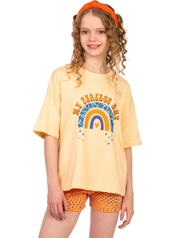 GKS 161-002 Комплект детский (футболка/шорты), с принтом, цвет бежевый/дынный (128)